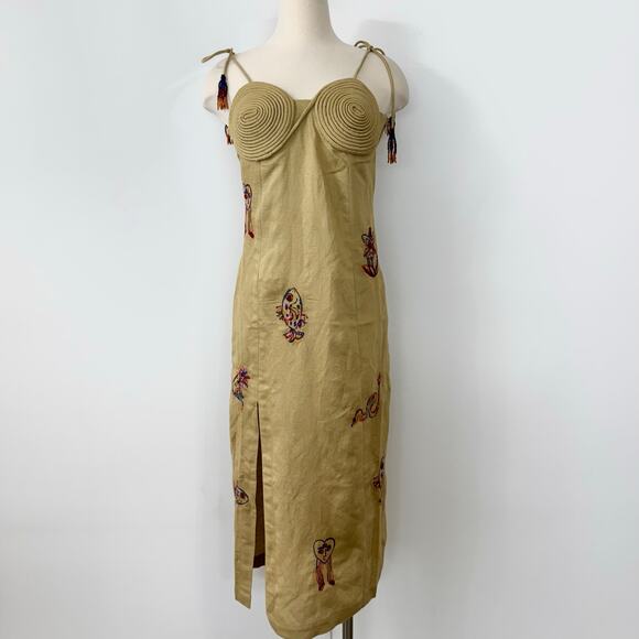 FARM Rio Embroidered Linen Blend Side Slit Midi Dress Ivory Beige M NWT - Picture 2 of 10